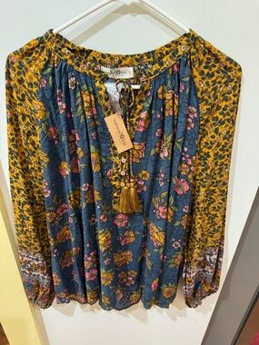 NATURAL LIFE Blue Floral Boho Tunic with Mustard Trim